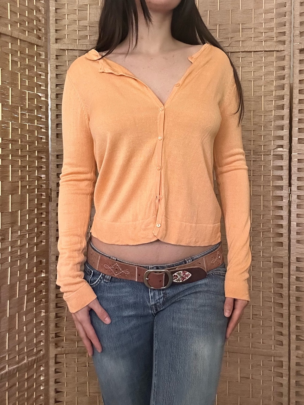 100% Silk Peach Orange Button Down Cardigan